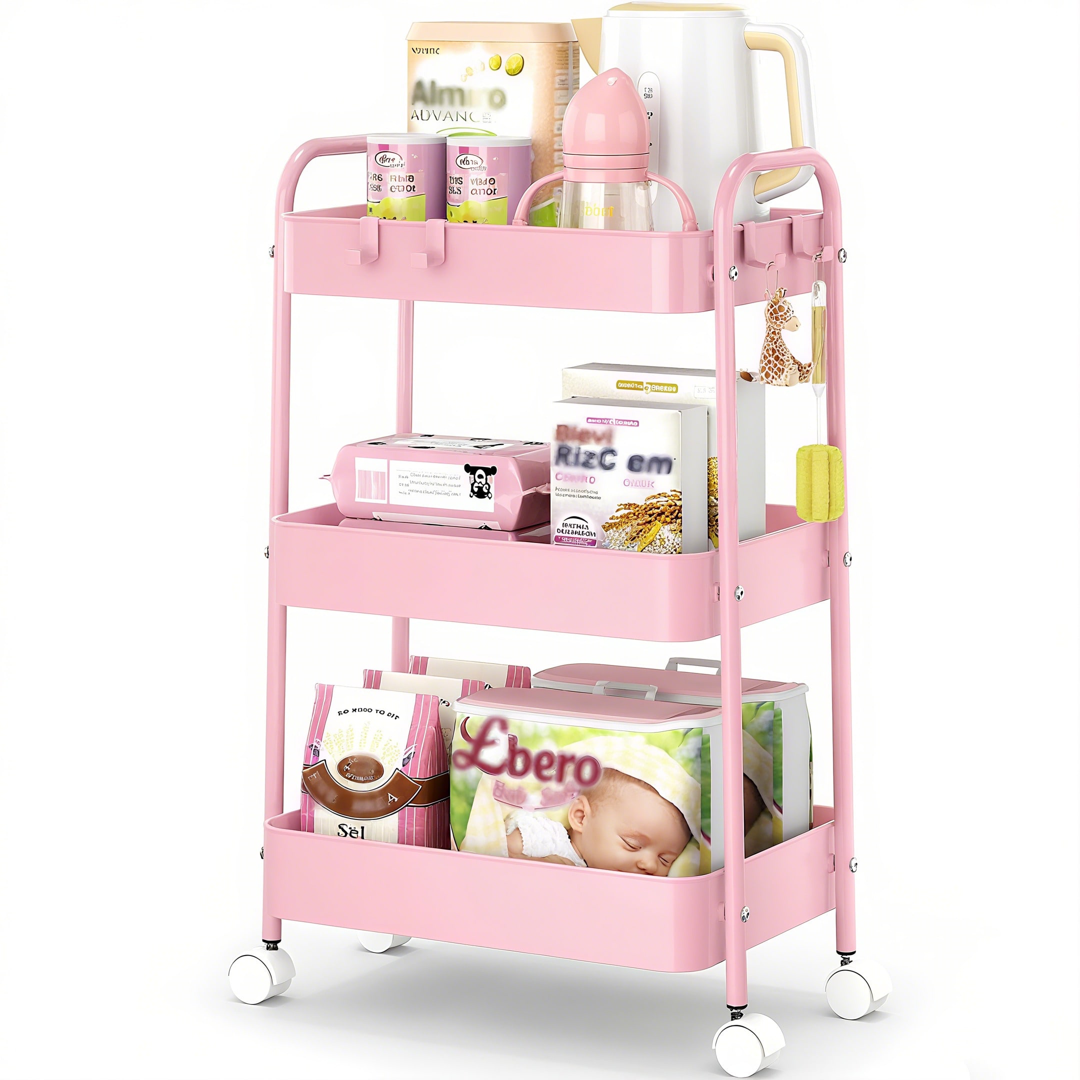 Baby Nursery Office - 3단 금속 롤링 카트(바퀴 포함) 모던