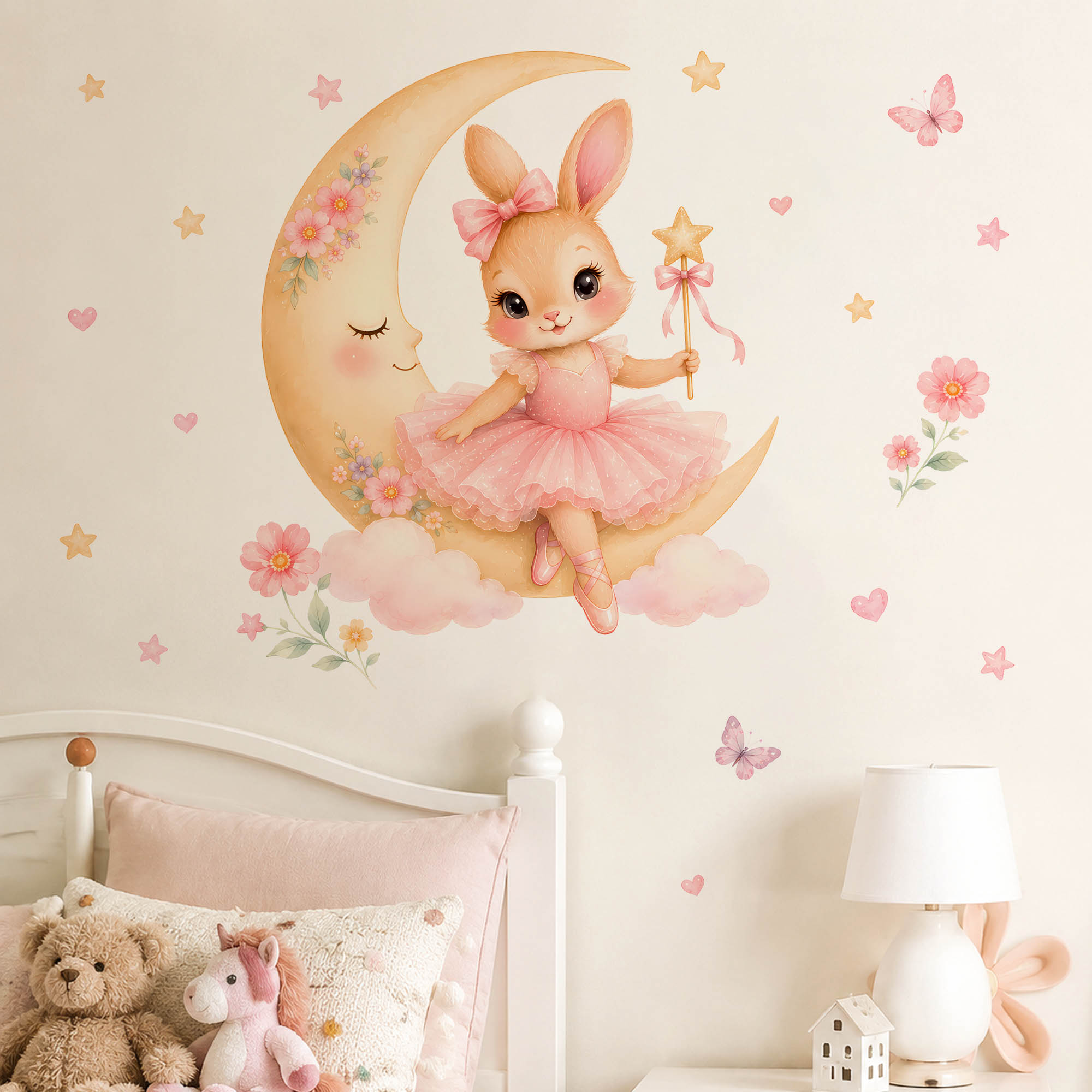 Baby Nursery Decor Ideas - 수채화 발레리나 토끼 달 벽 스티커