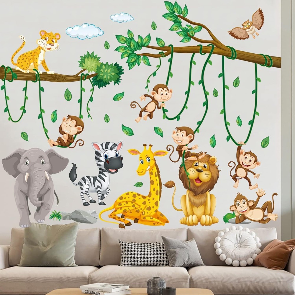 Baby Nursery Decor Ideas - 정글 동물 나무 덩굴 벽 스티커
