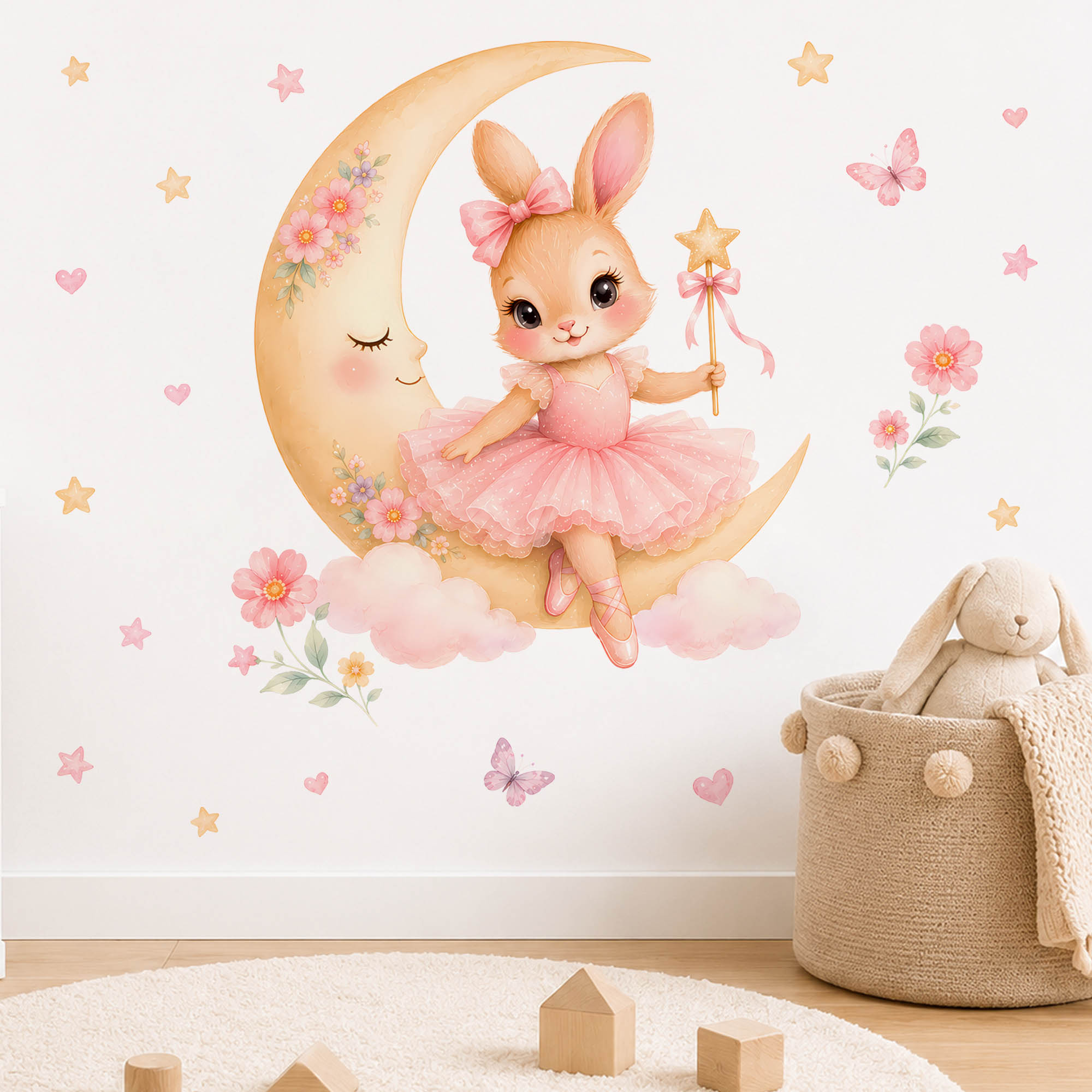 수채화 발레리나 토끼 달 벽 스티커 핑크 튀튀 토끼 별 - Baby Nursery Decor Ideas 리뷰 및 가격