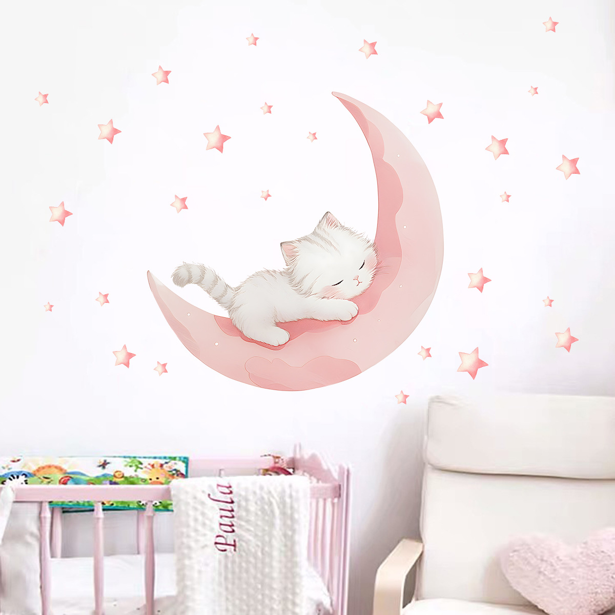 만화 핑크 달 귀여운 고양이 수면 벽 스티커 아기 방  - Baby Nursery Decor Ideas 리뷰 및 가격
