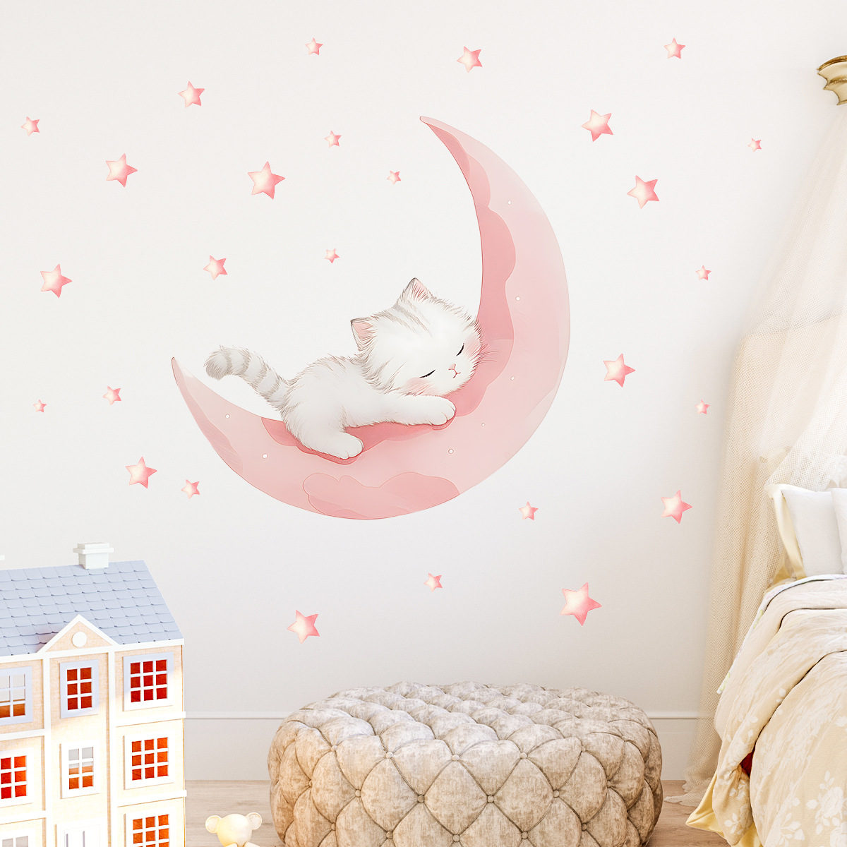 만화 핑크 달 귀여운 고양이 수면 벽 스티커 아기 방  - Baby Nursery Decor Ideas 리뷰 및 가격