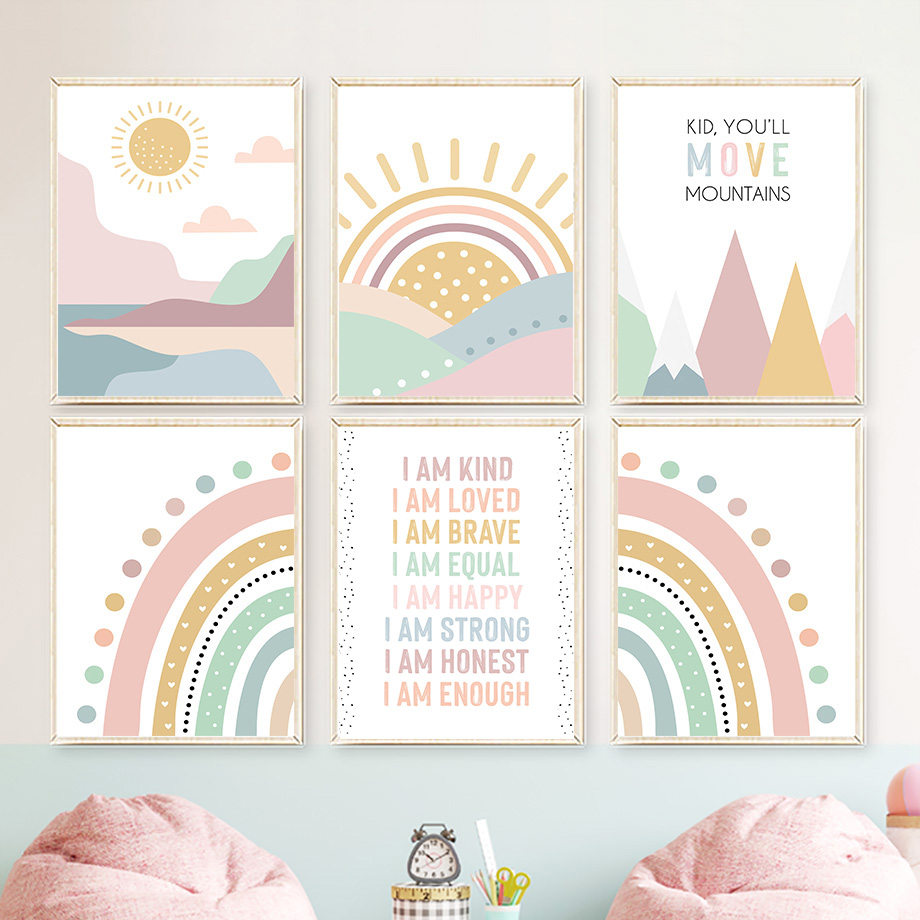 핑크 마운틴 썬 레인보우 인용문 보헤미안 보육원 북유럽 - Baby Nursery Quotes 리뷰 및 가격