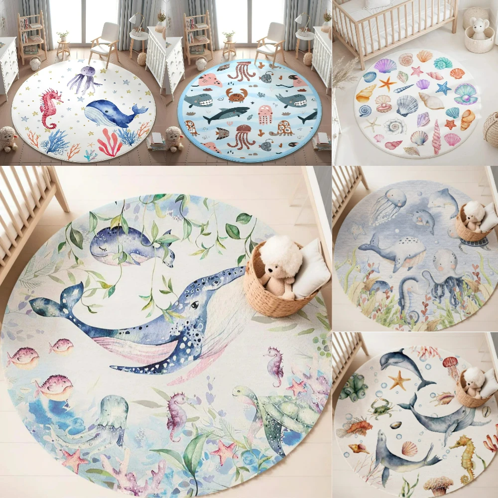 푸른색 해양 동물 원형 카펫 (거실, 여자아이 방, 아 - Baby Nursery Games 리뷰 및 가격